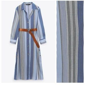 NWT Zara Blue, White and Tan Striped Button-Down Maxi Shirt Dress